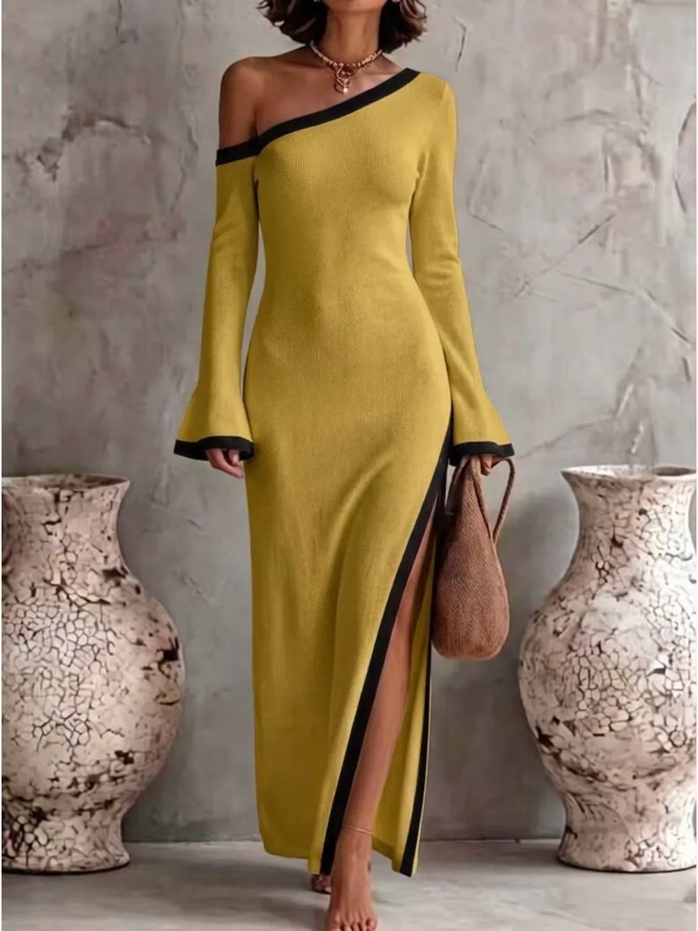 Slit One-Shoulder Contrast Trim Maxi Dress, image 6