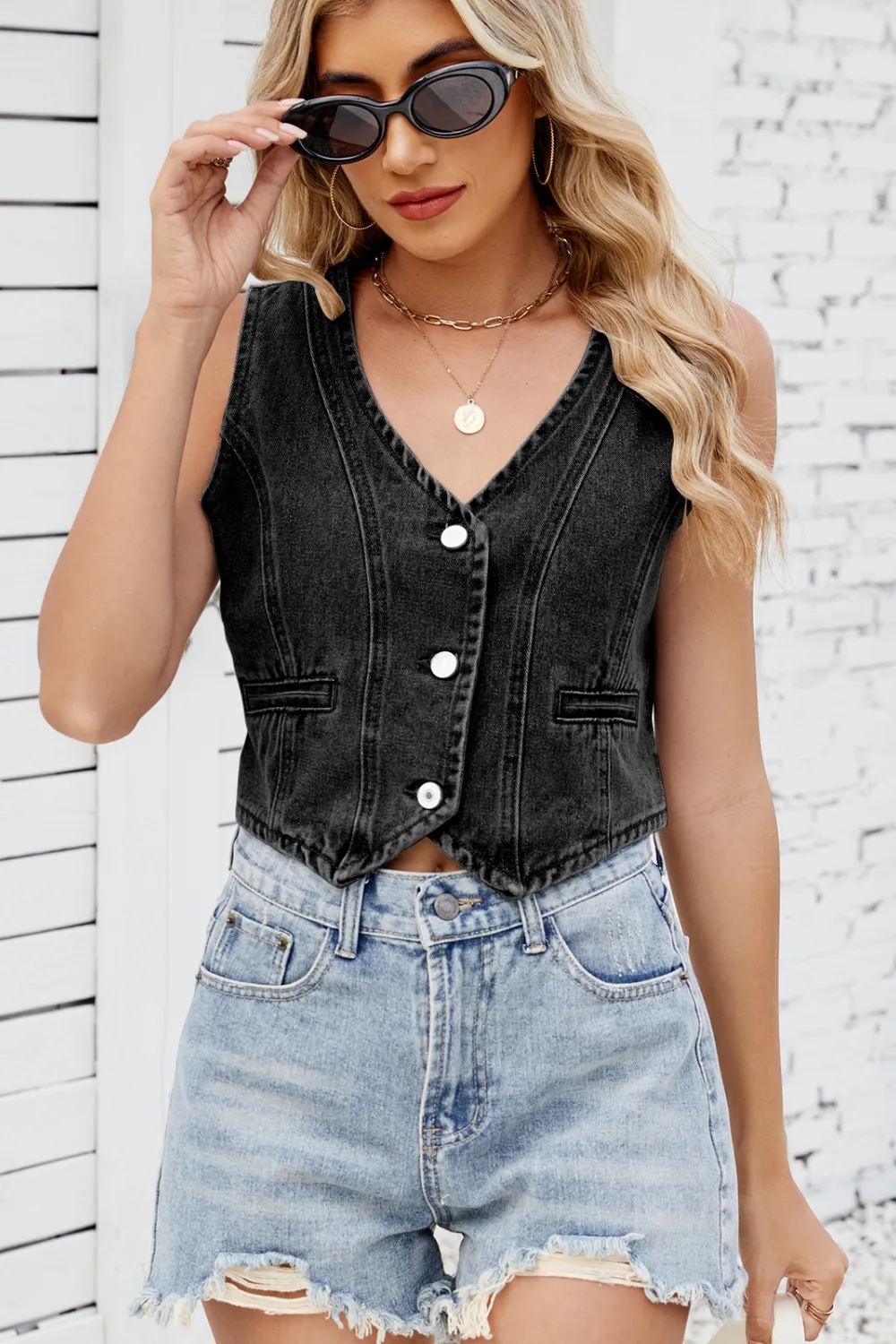 Button Down V-Neck Denim Vest, image 8