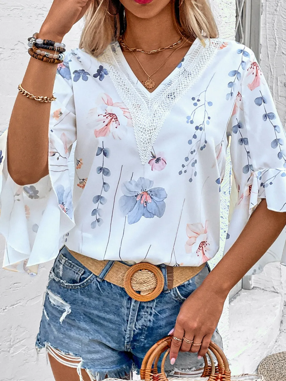 Ruffled Printed V-Neck Half Sleeve Blouse, image 12