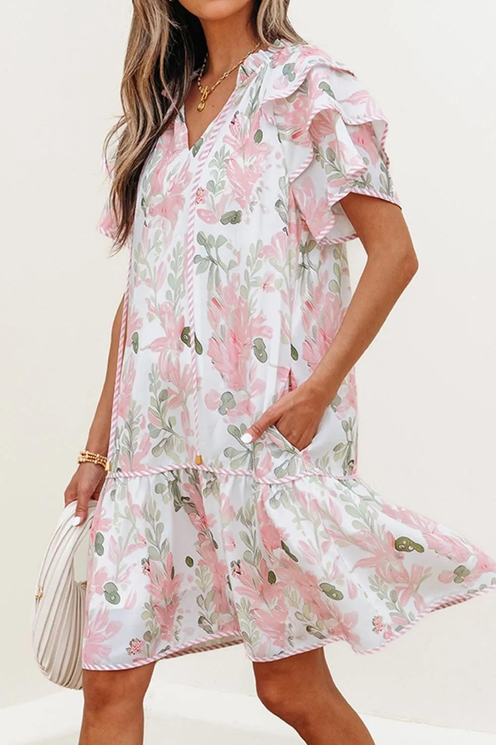 Floral Contrast Edge Layered Short Sleeve Mini Dress, image 17