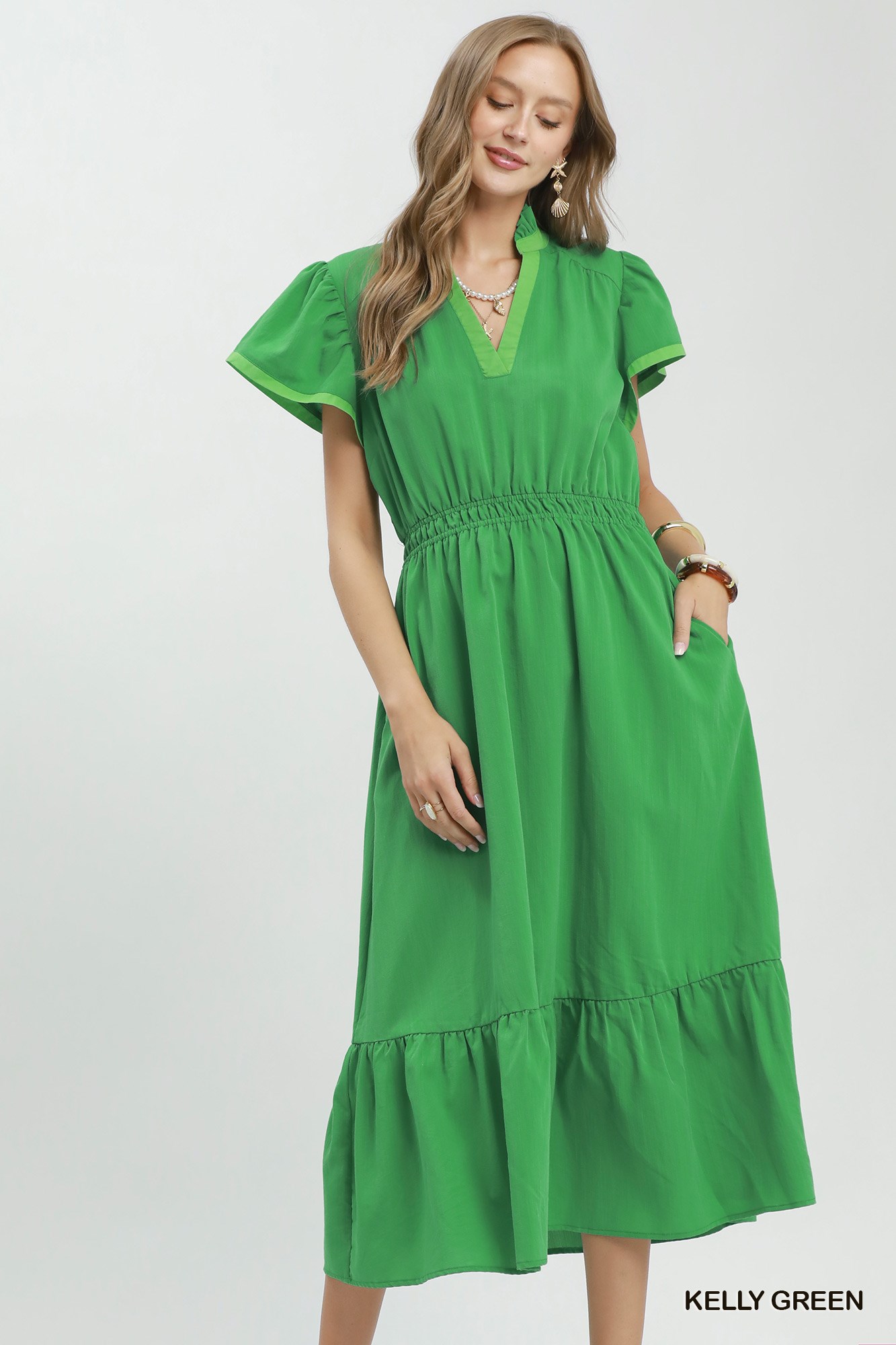 Contrast Trim Midi Dress with Tiered Ruffle Hem