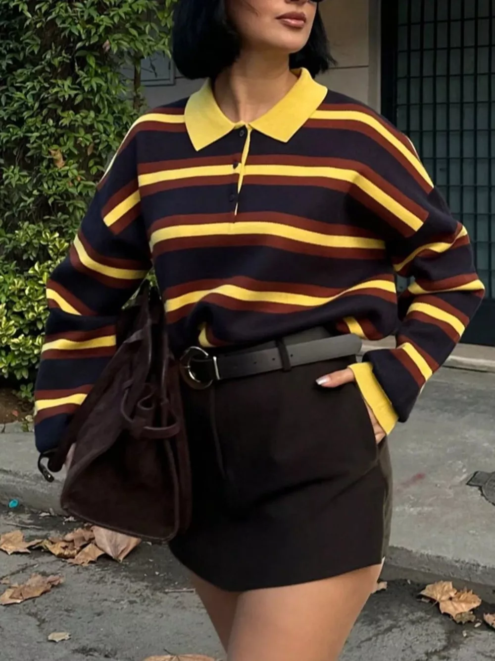 Striped Polo Collar Knit Sweater, image 3
