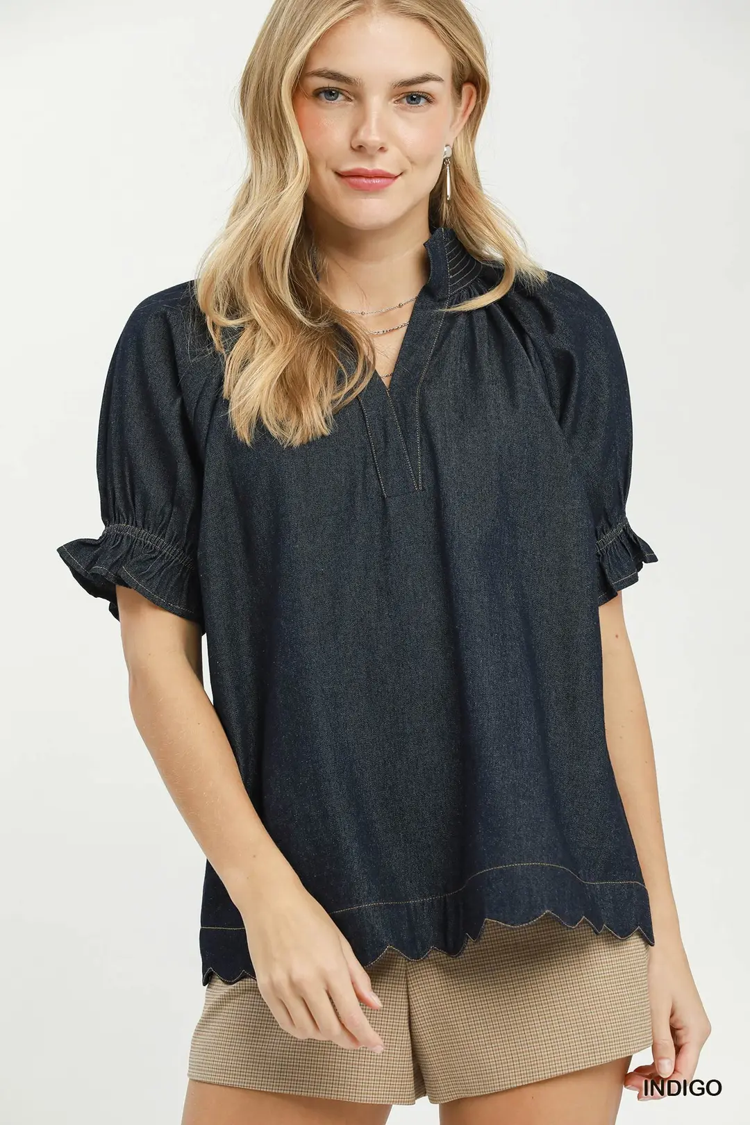 Chambray Puff Sleeve Scallop Hem Blouse