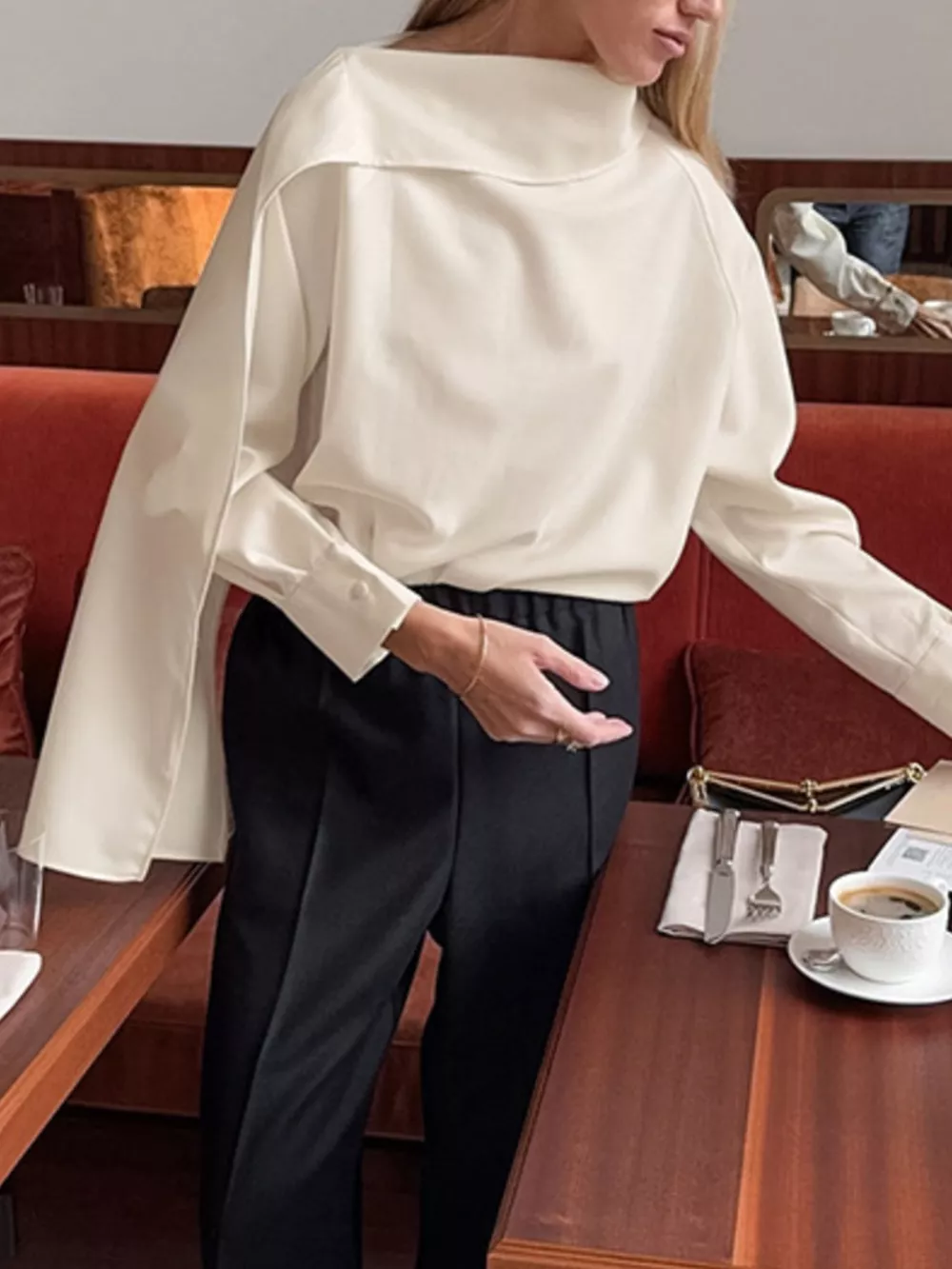 Asymmetrical High Collar Long Sleeve Blouse, image 7