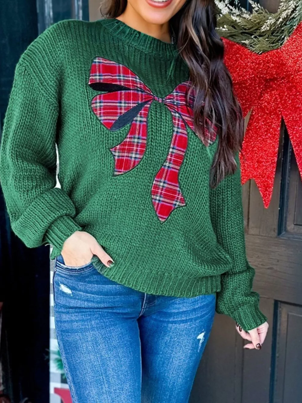 Plaid Bow Graphic Christmas Sweater, image 2