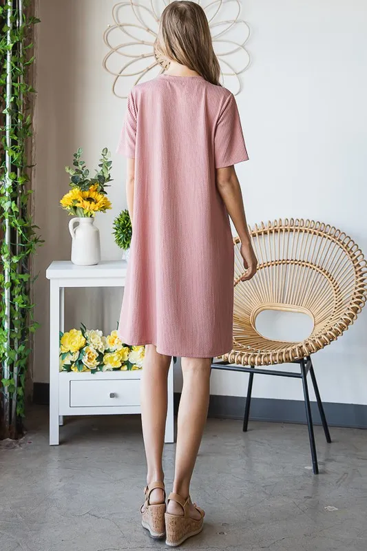 Full Size Solid Ribbed Mini Dress with Button Plus Size, image 2