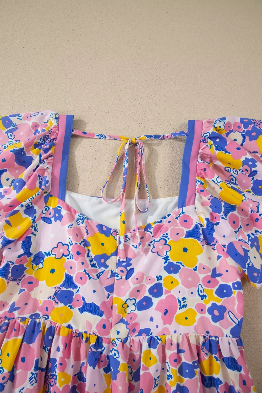Floral Print Flutter Sleeve Striped Trim Square Neck Loose Mini Dress, image 8