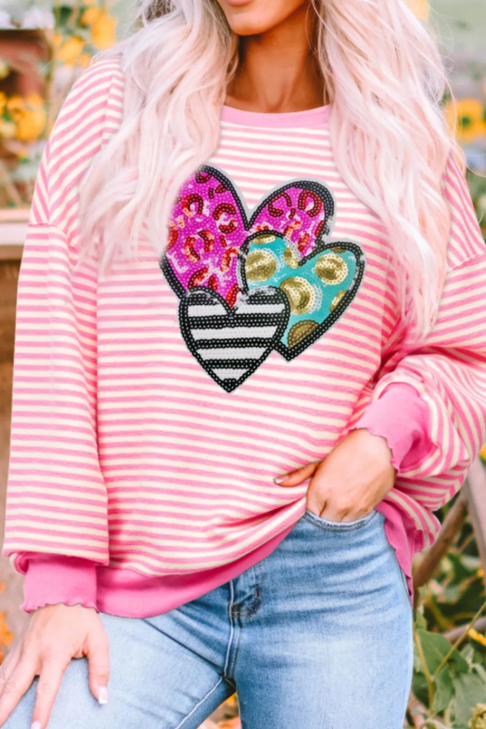 Striped Sequin Heart Round Neck Long Sleeve Sweatshirt, image 4