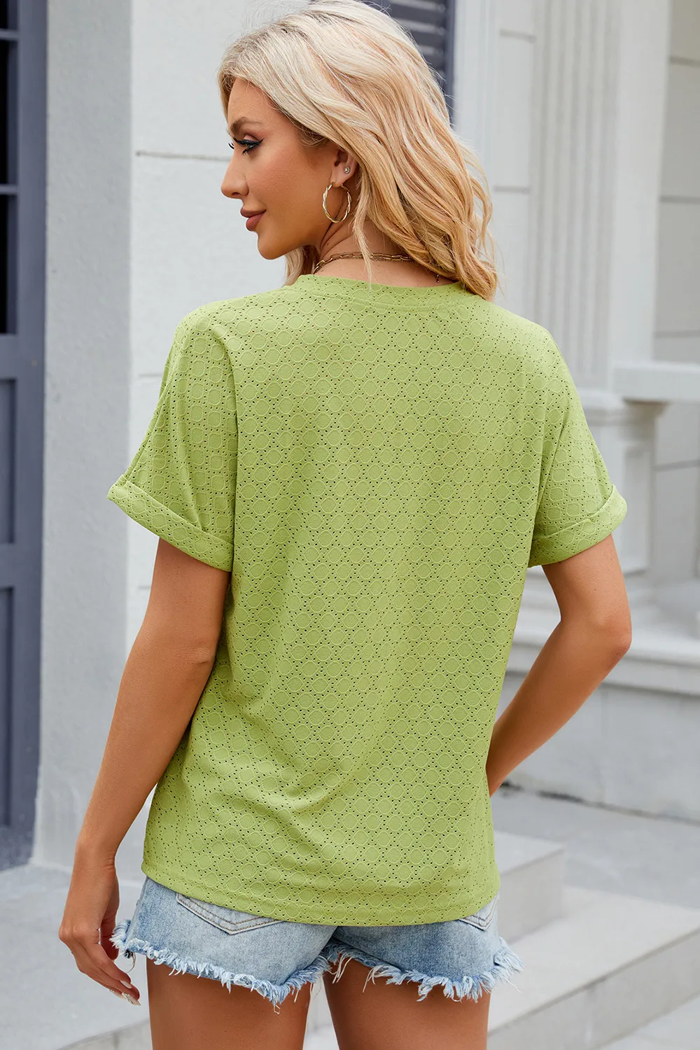 Eyelet Notched Short Sleeve T-Shirt, image 20