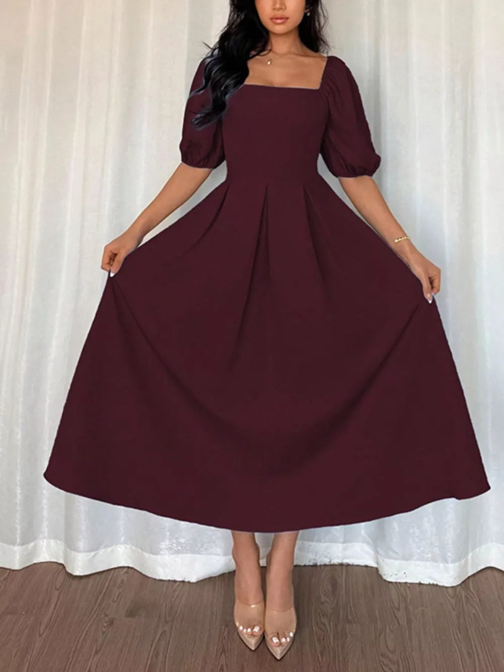 Square Neck Flutter Sleeve Midi Dress, image 3