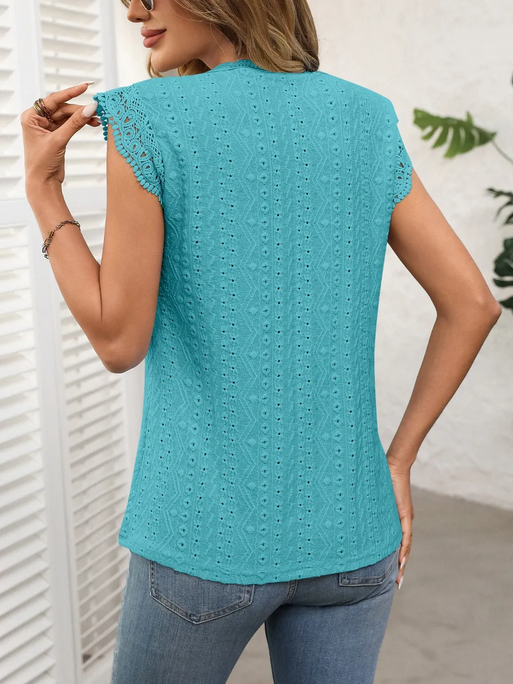 Lace Detail Round Neck Cap Sleeve Top, image 28