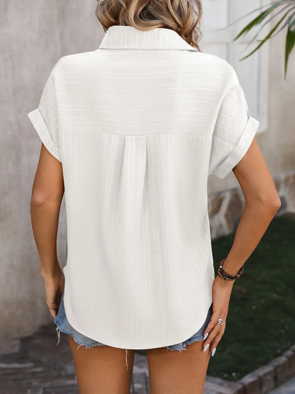 Textured Button Up Cap Sleeve Shirt, image 24