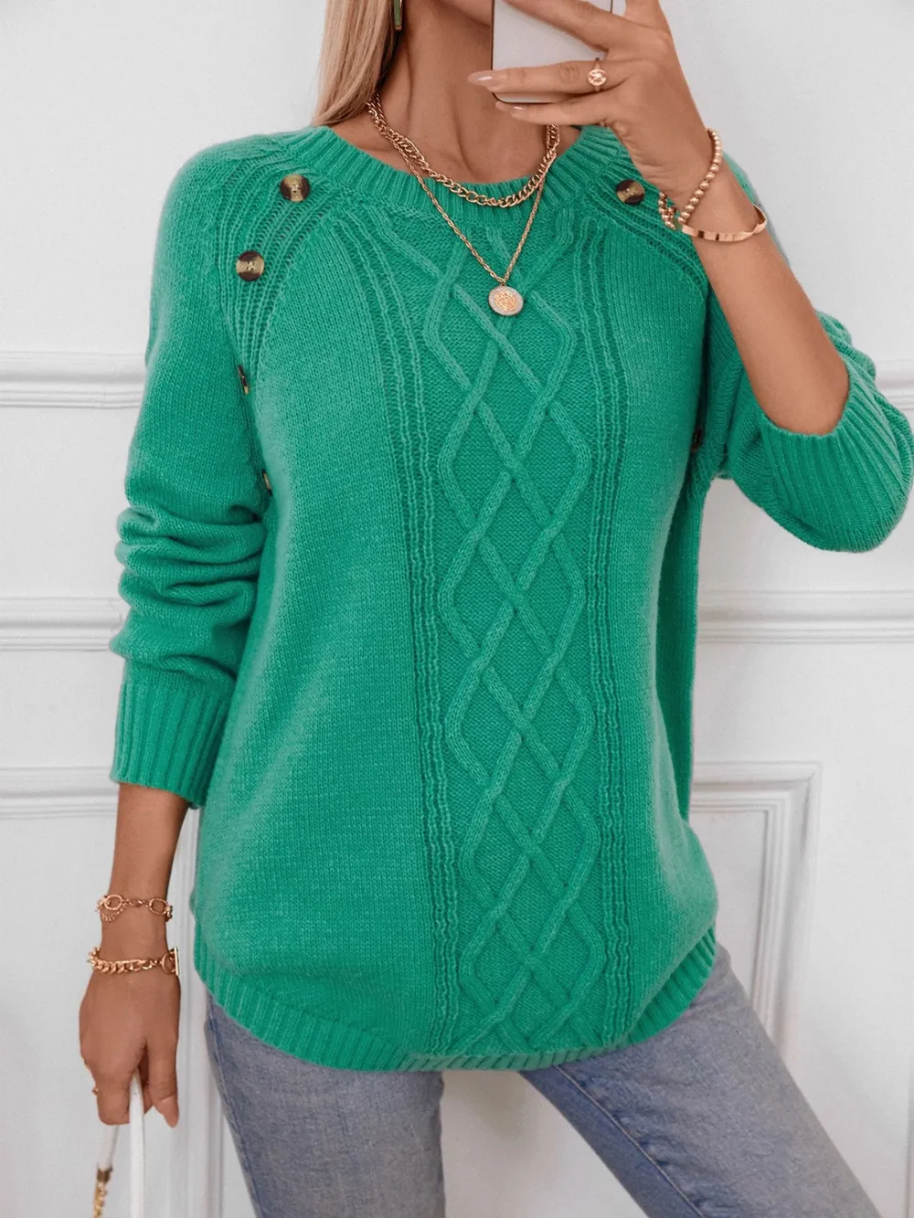 Decorative Button Round Neck Raglan Sleeve Sweater, image 7