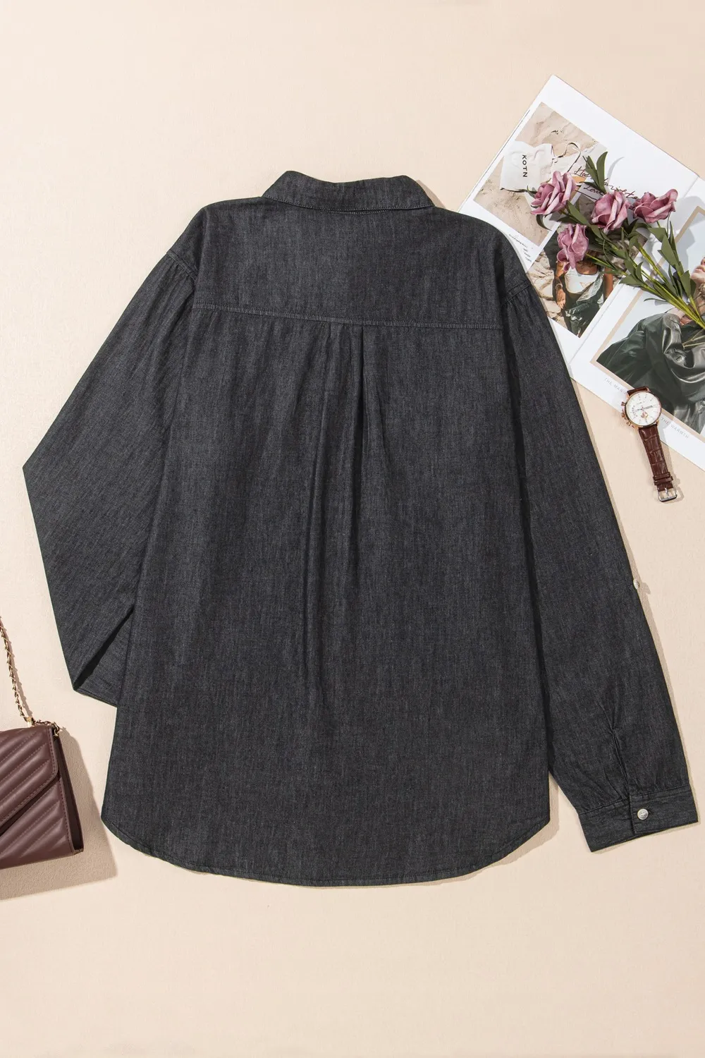 Pocketed Collared Neck Long Sleeve Denim Top, image 15