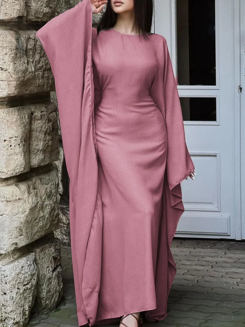 Round Neck Maxi Dress with Flowing Cape Sleeves, image 2