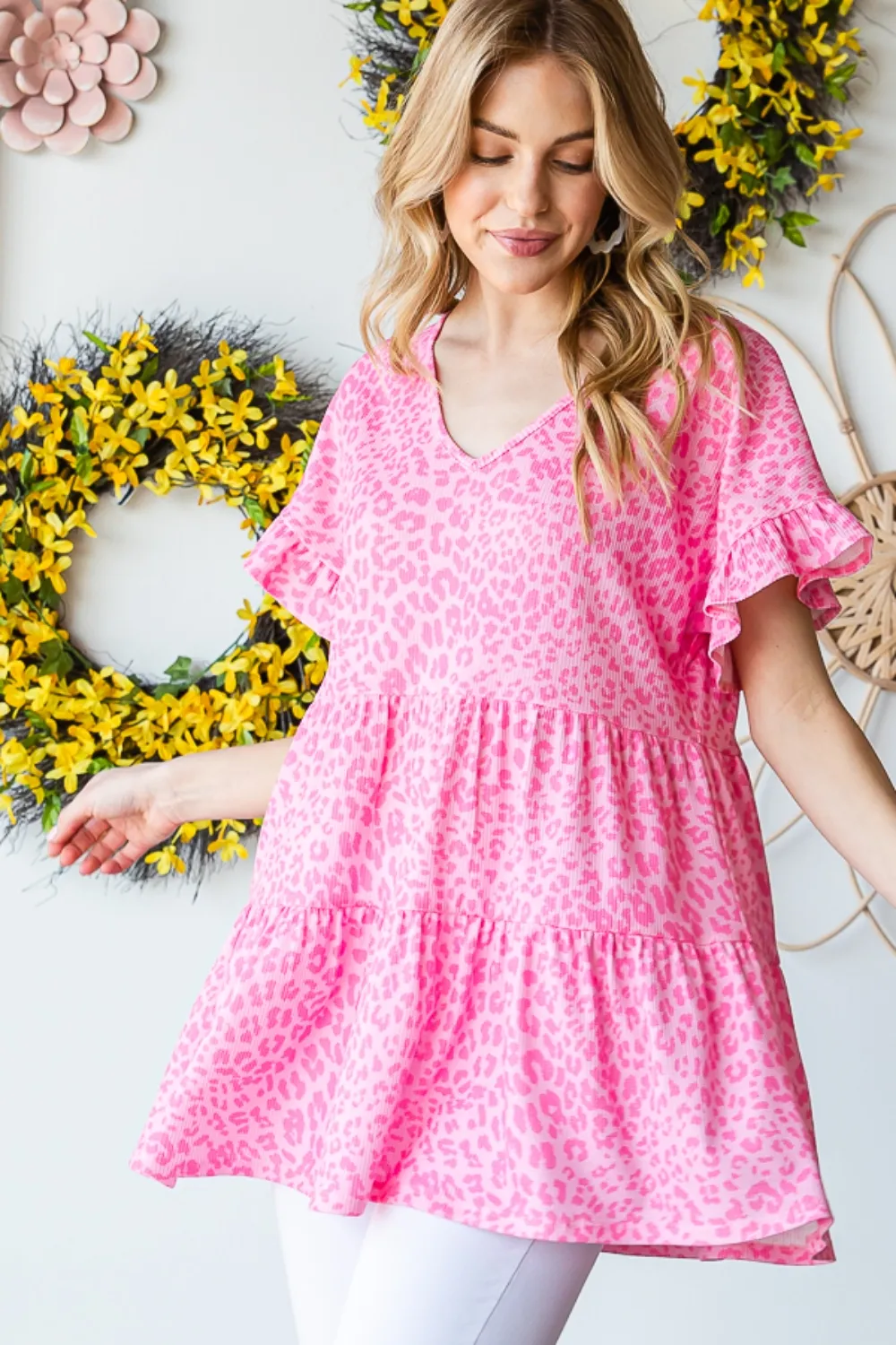 Full Size Leopard Ruffle Trim Short Sleeve Top, image 9