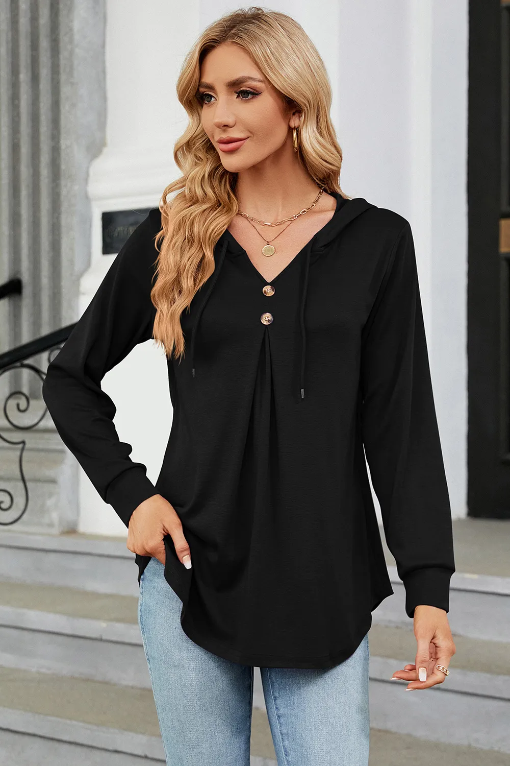 Decorative Button Drawstring Long Sleeve Hoodie, image 5