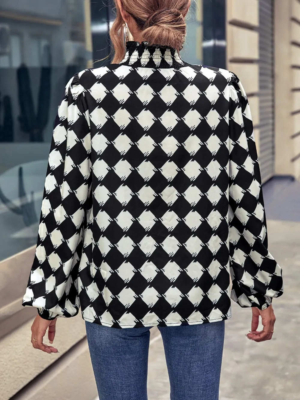 Checkered Pattern Balloon Sleeve Blouse, image 5