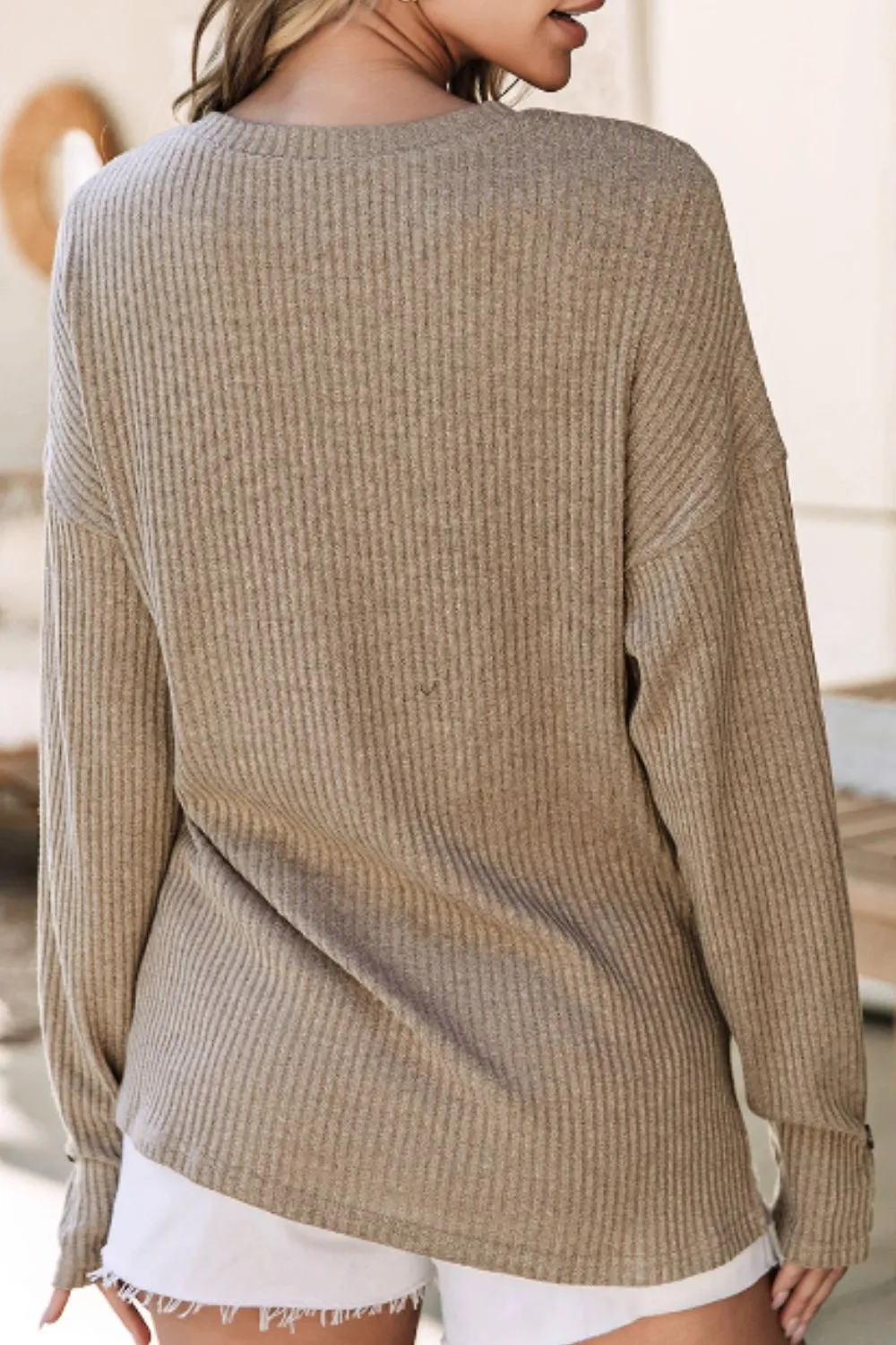 Quarter Button Round Neck Dropped Shoulder Knit Top, image 12