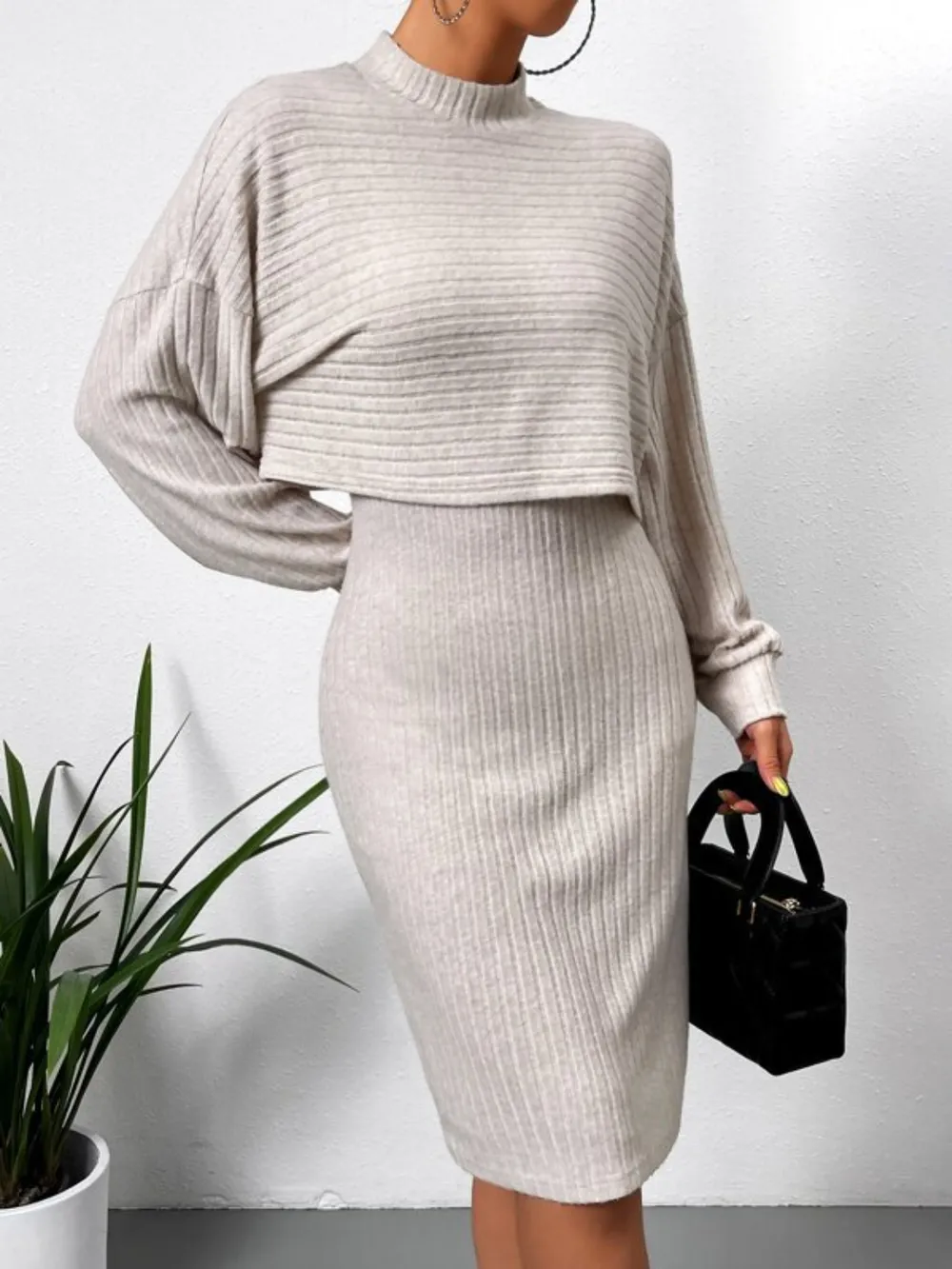 Mock Neck Long Sleeve Top and Wide Strap Dress Set, image 5