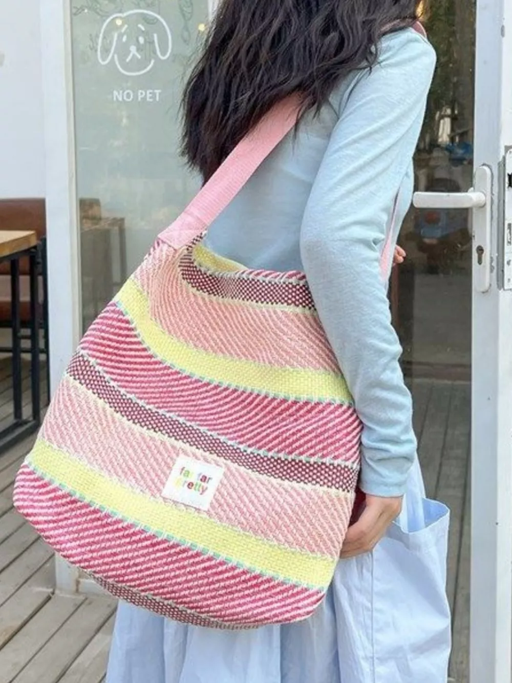Striped Woven Shoulder Bag with Adjustable Strap, image 3