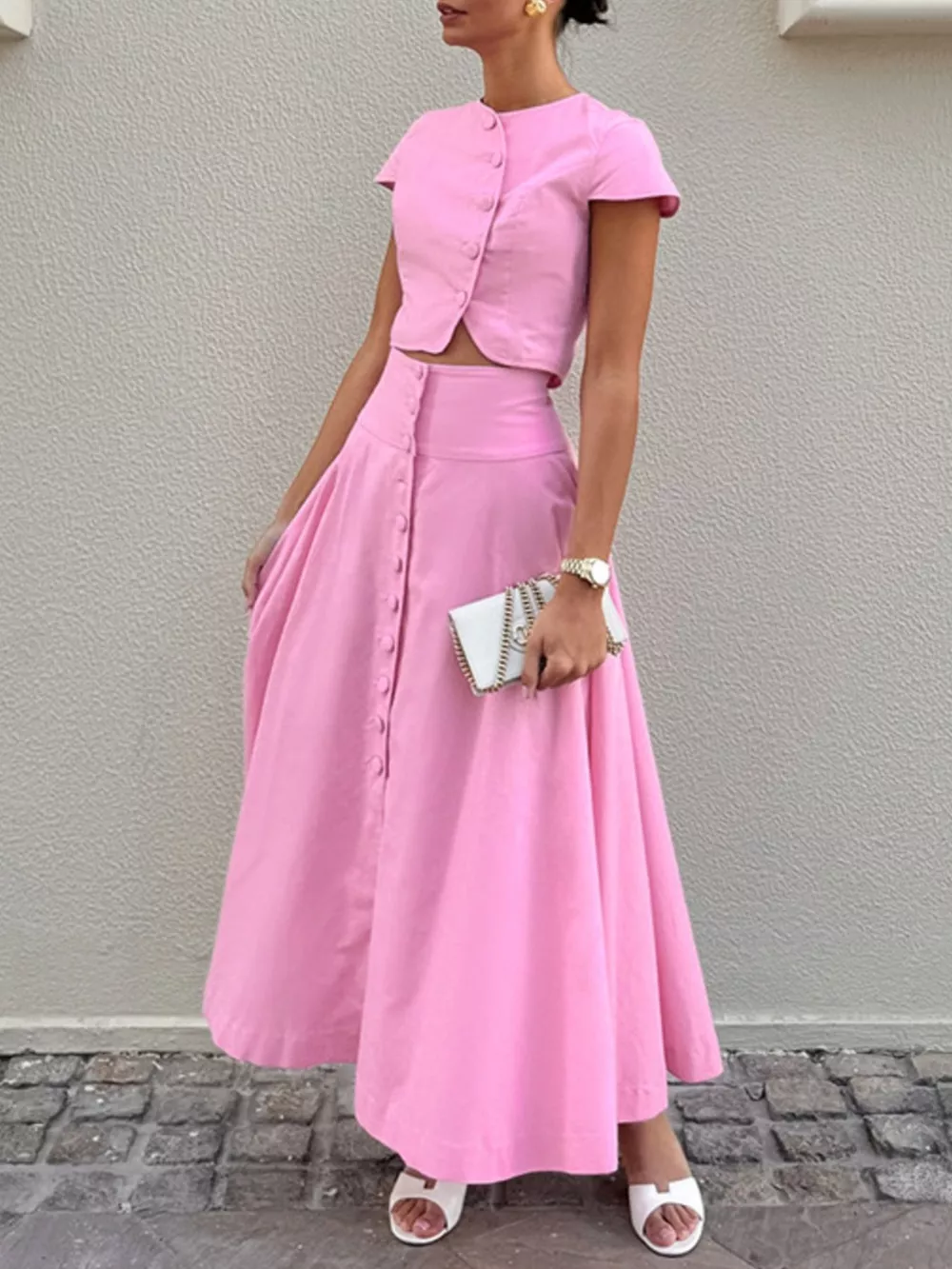 Cap Sleeve Button-Down Crop Top and Midi Skirt Set, image 7