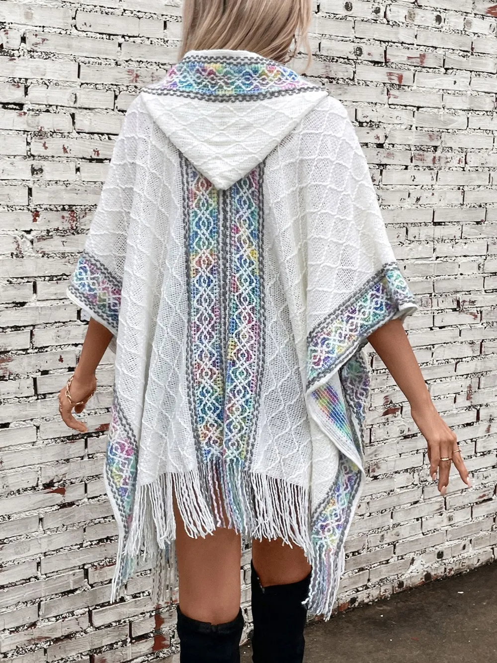 Fringe Half Sleeve Hooded Poncho, image 3