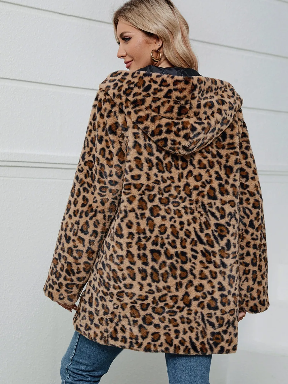 Fuzzy Leopard Hooded Long Sleeve Jacket, image 2