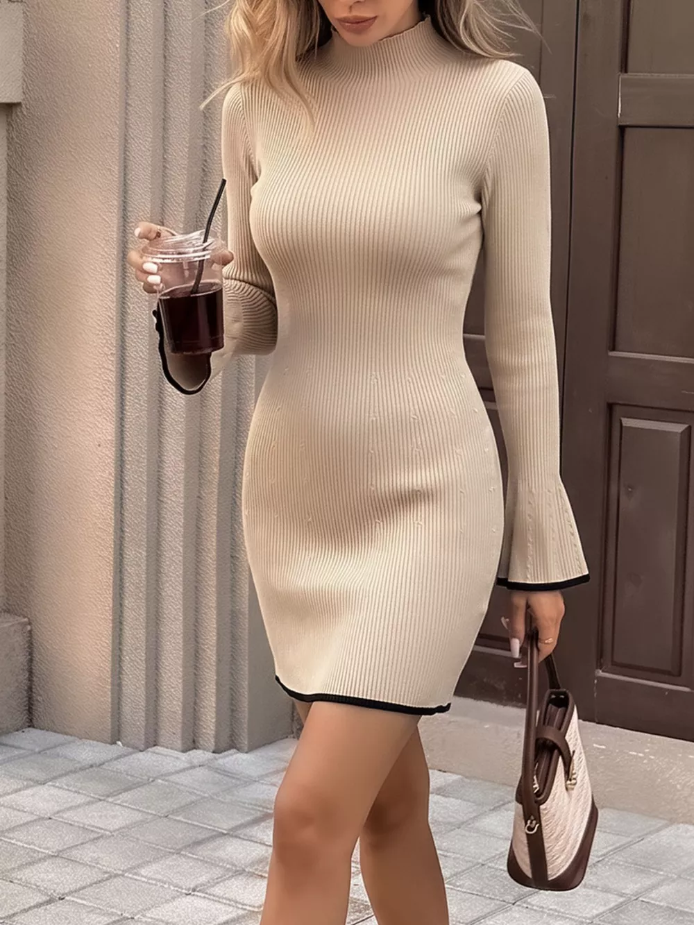 Ribbed Mock Neck Flare Sleeve Sweater Dress, image 2