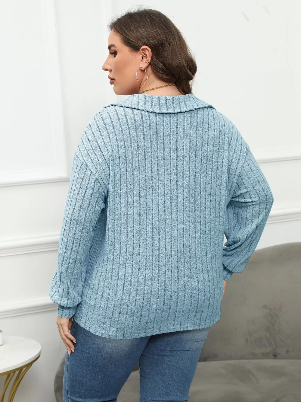 Plus Size Ribbed Knit Polo Collar T-Shirt, image 17
