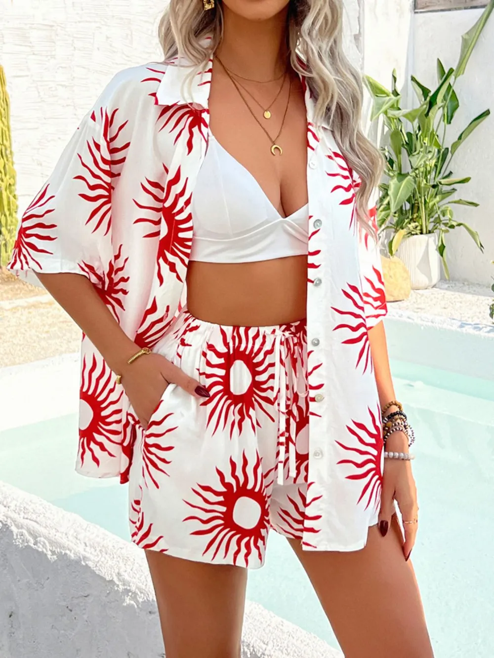 Printed Collared Neck Half Sleeve Top and Shorts Set, image 6