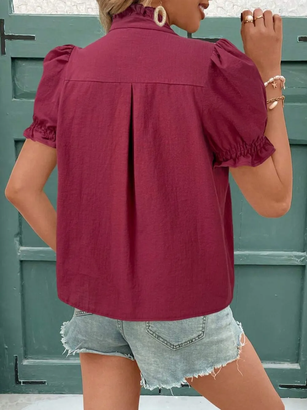 Embroidered Frill Notched Short Sleeve Blouse, image 14