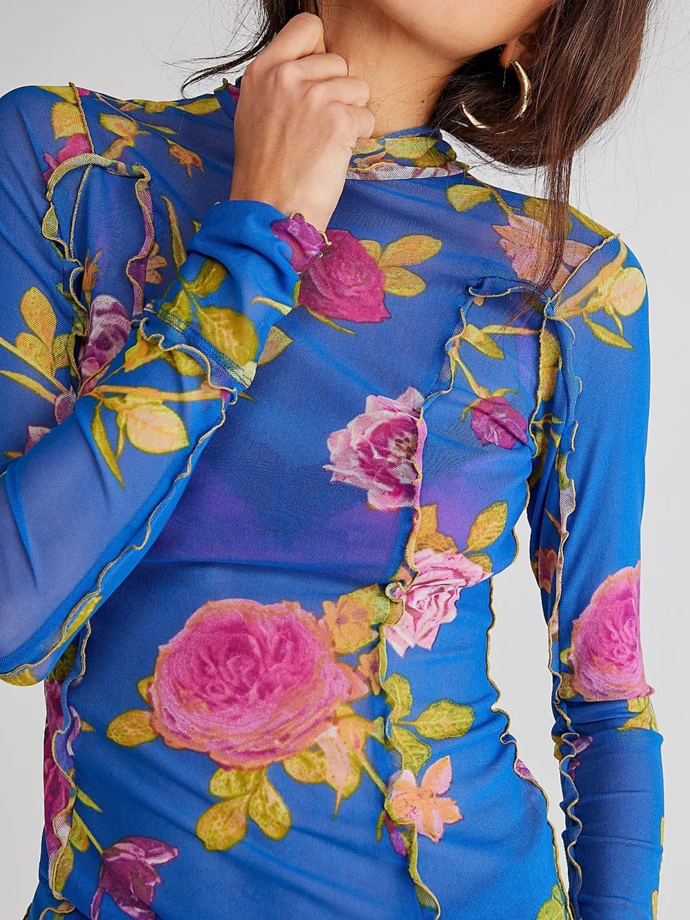 Floral Print Mock Neck Long Sleeve Top, image 12