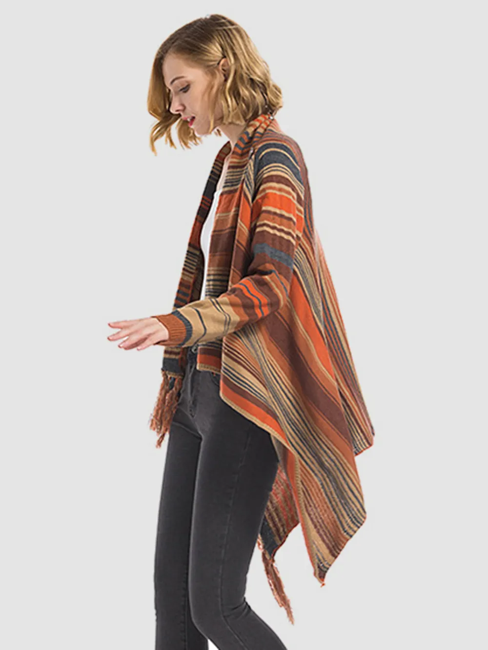 Tassel Striped Open Front Long Sleeve Cardigan, image 6