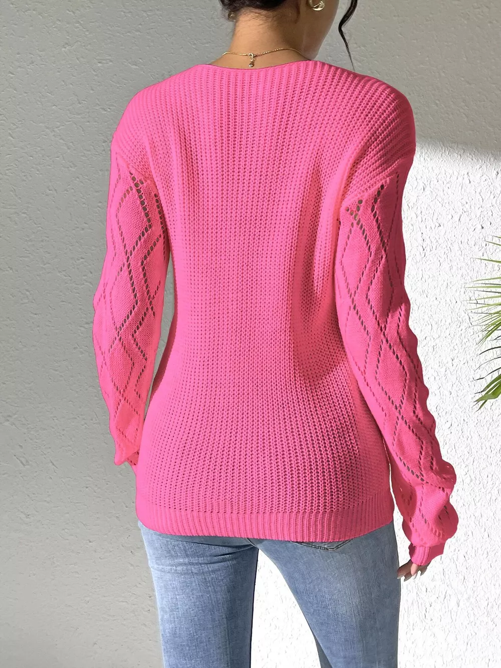 Floral Applique V-Neck Openwork Sweater, image 17