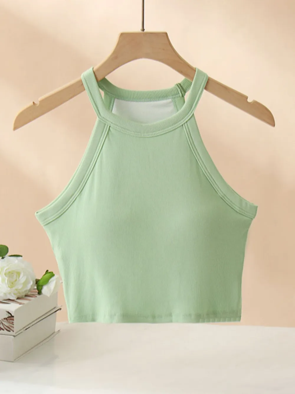 Ribbed Grecian Neck Cropped Tank with Chest Pads, image 16
