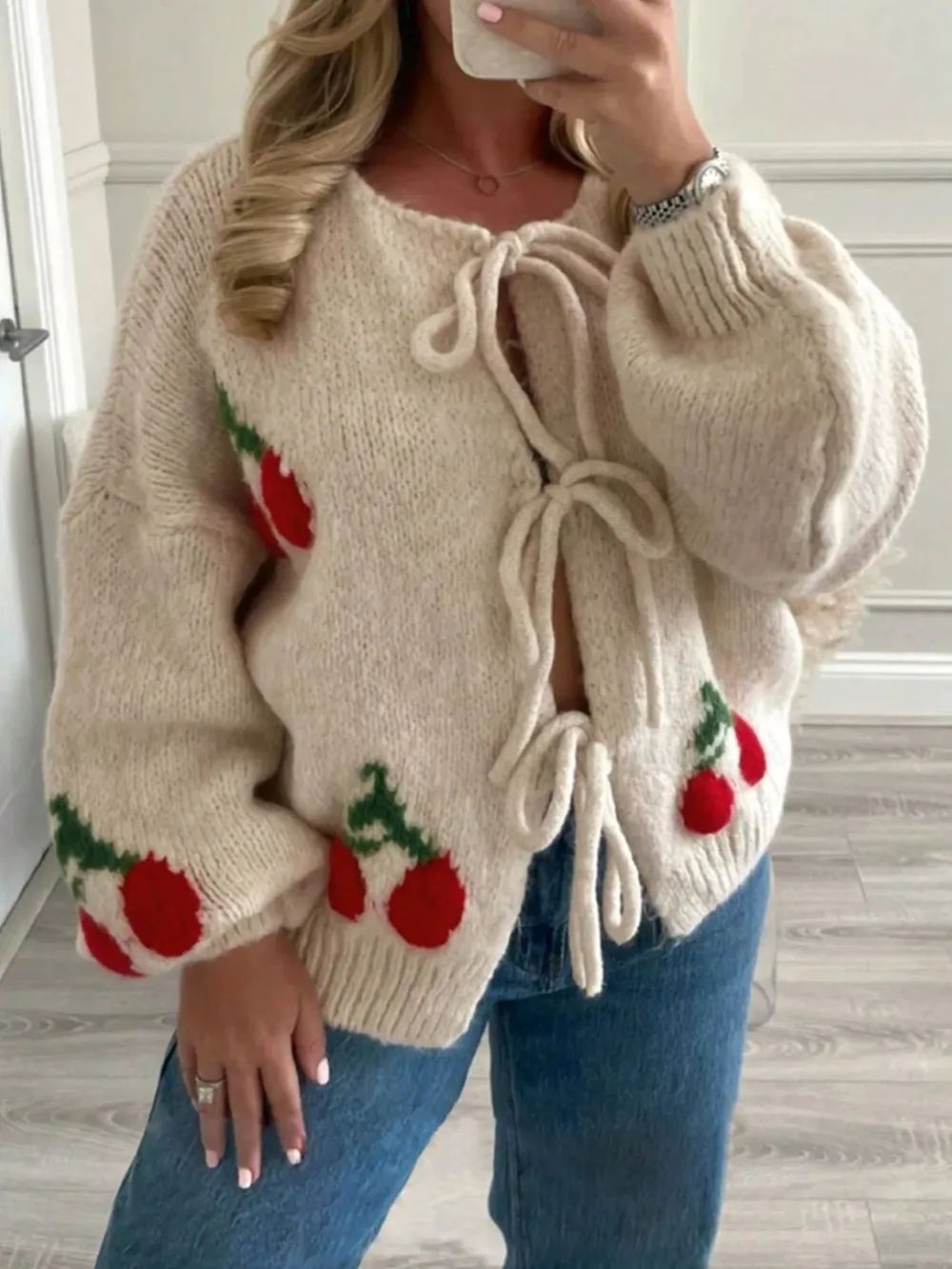 Cherry Pattern Tie-Front Oversized Cardigan