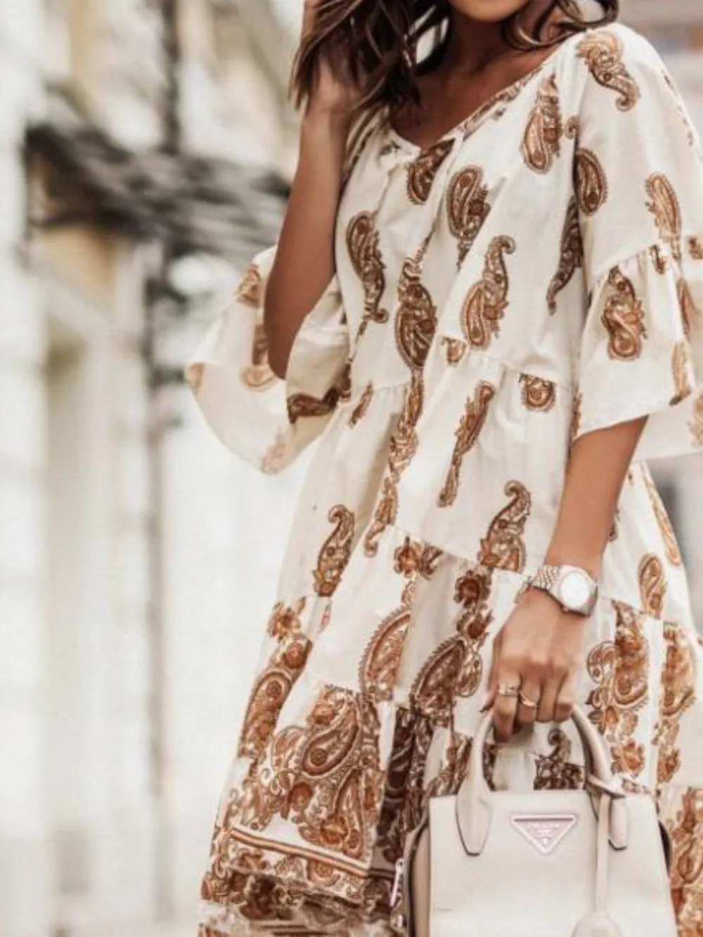 Paisley Print Tie Neck Half Sleeve Mini Dress, image 7