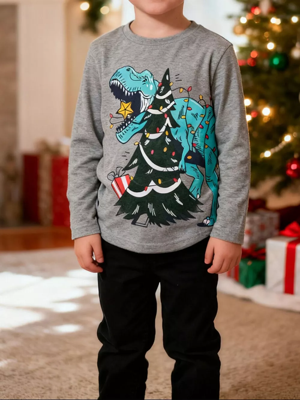 Children's Dinosaur Christmas Tree Graphic Long Sleeve T-Shirt