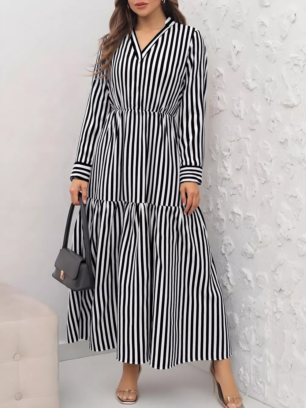 Striped Notched Long Sleeve Midi Dress, image 7