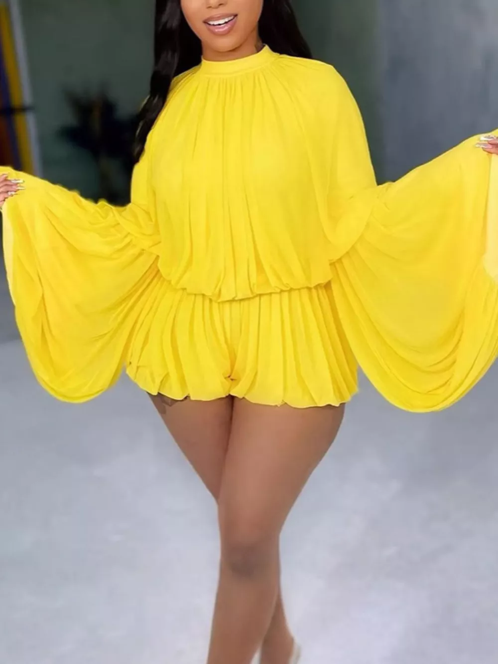 Elegant Pleated Bell Sleeve Romper, image 3