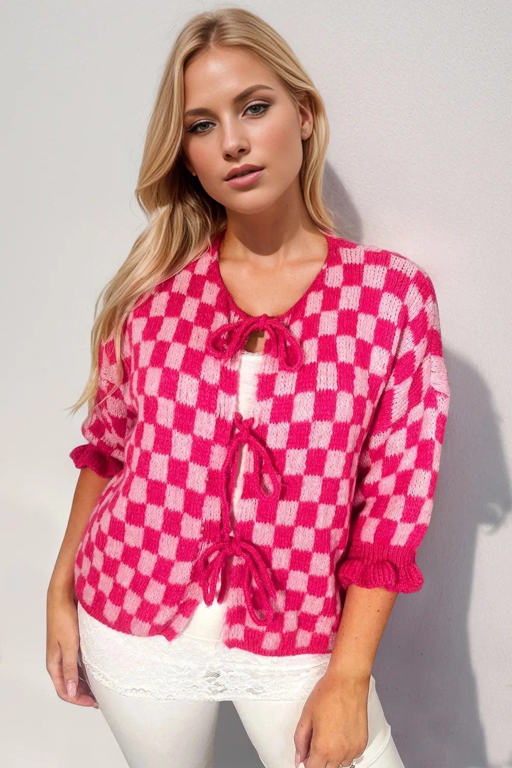 Tied Checkered Dropped Shoulder Flounce Sleeve Cardigan, image 12