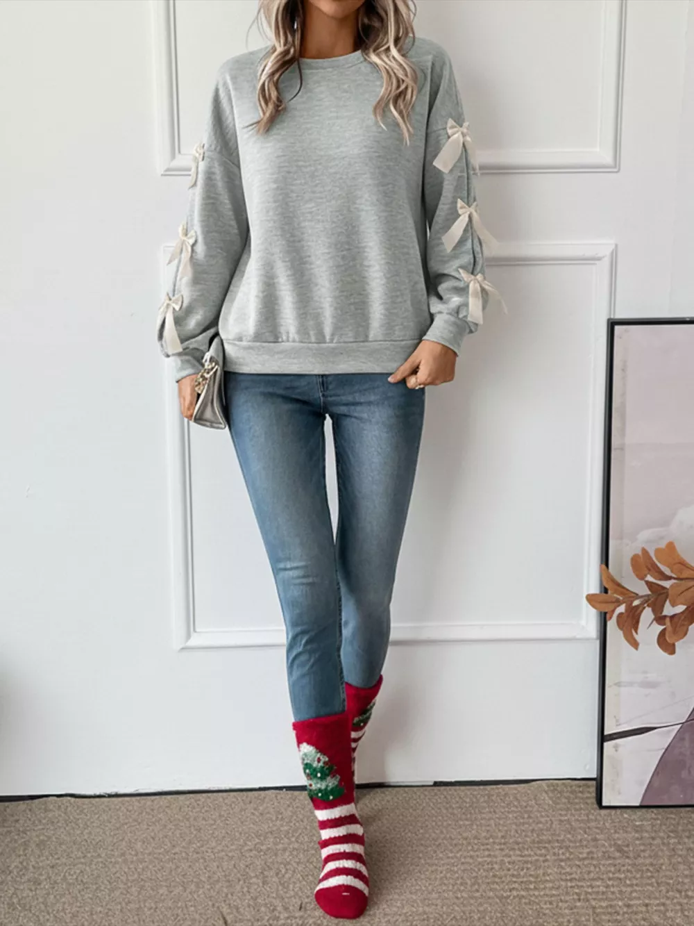 Bowknot Sleeve Round Neck Sweatshirt, image 7