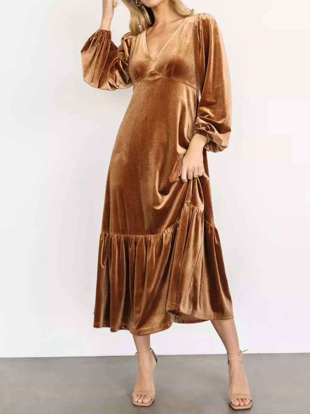 Velvet Tiered Long Sleeve Midi Dress, image 13