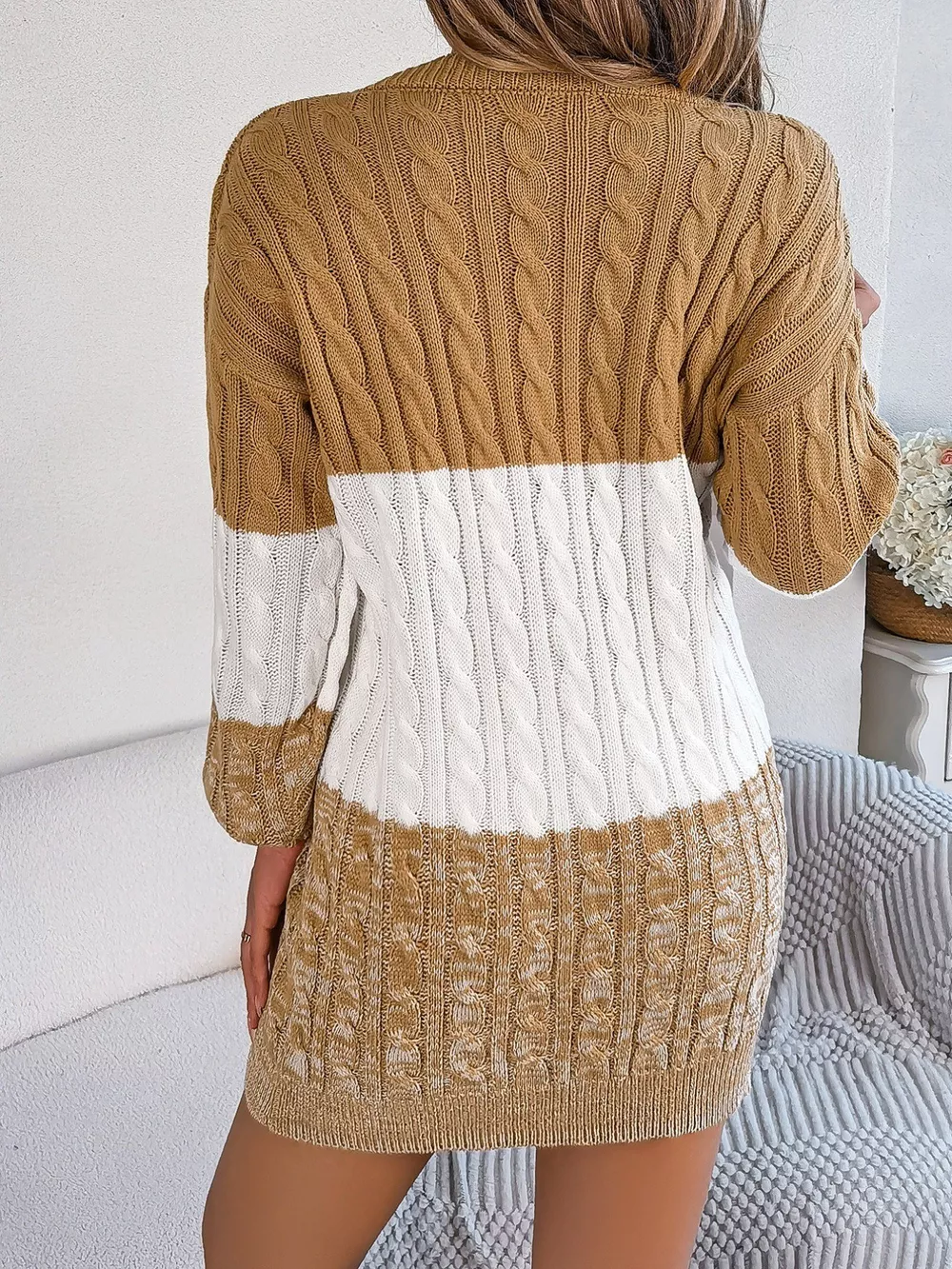 Color Block Cable Knit Sweater Dress with Textured Pattern, image 9