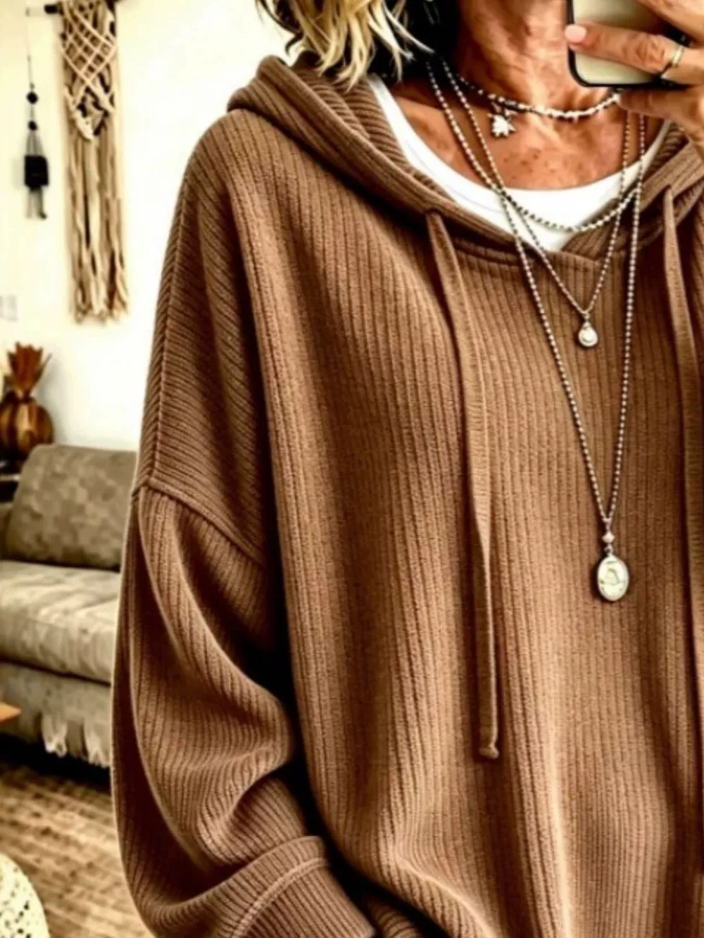 Drawstring Ribbed Knit Hoodie, image 7