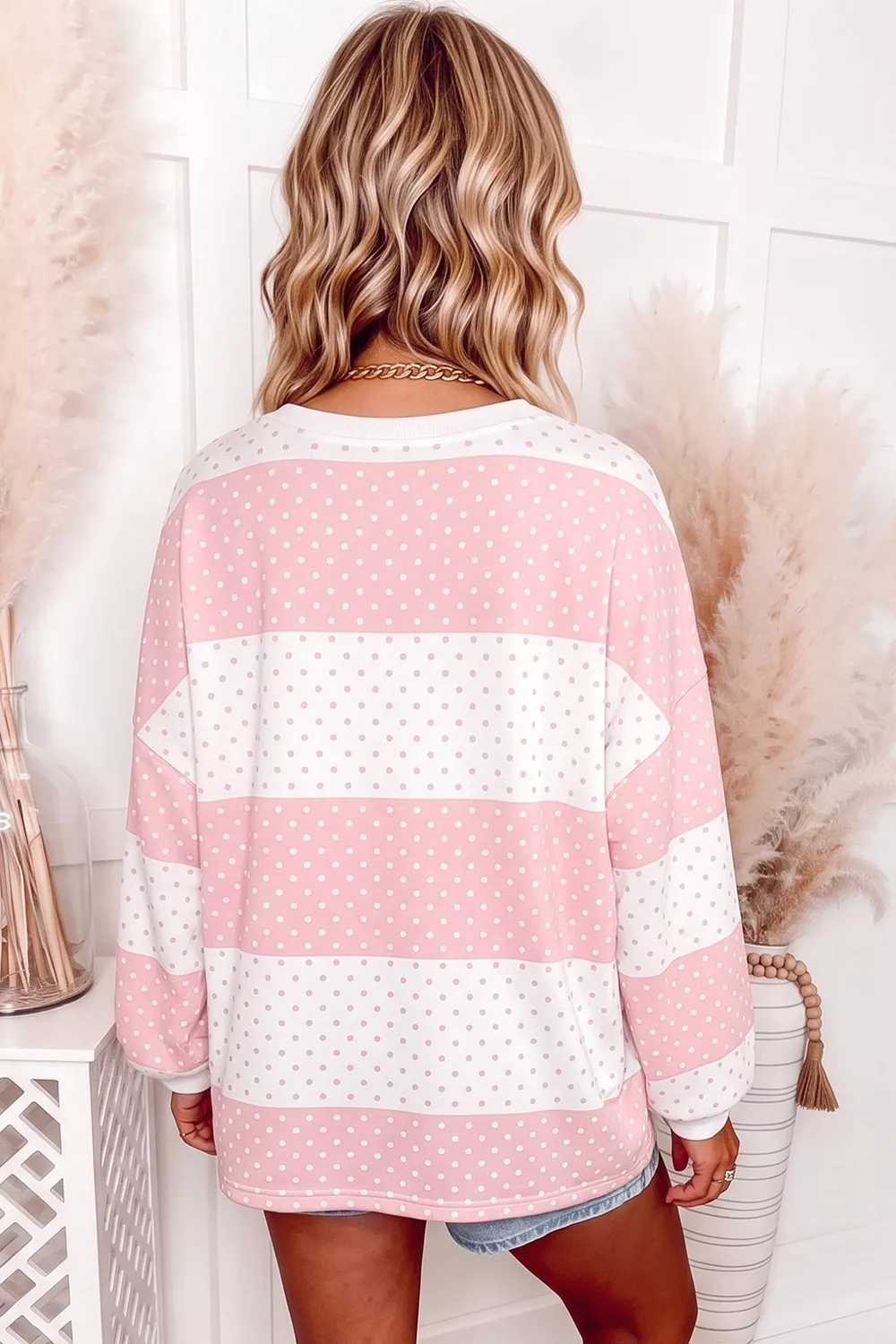 Casual Color-Block Polka Dot Long Sleeve Top, image 2