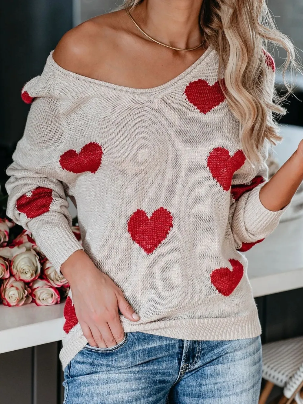 Heart Scoop Neck Long Sleeve Sweater, image 12