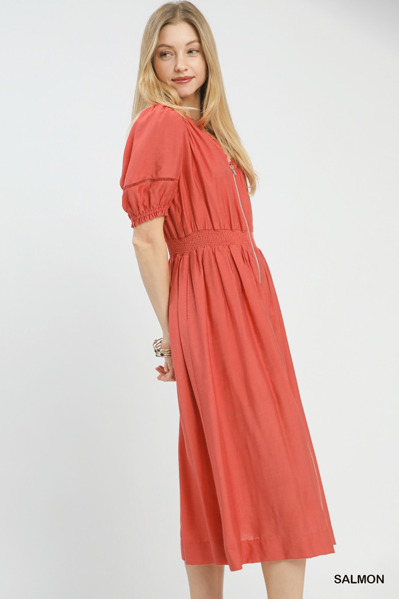 Zip-Front Smocked Waist Midi Dress, image 5