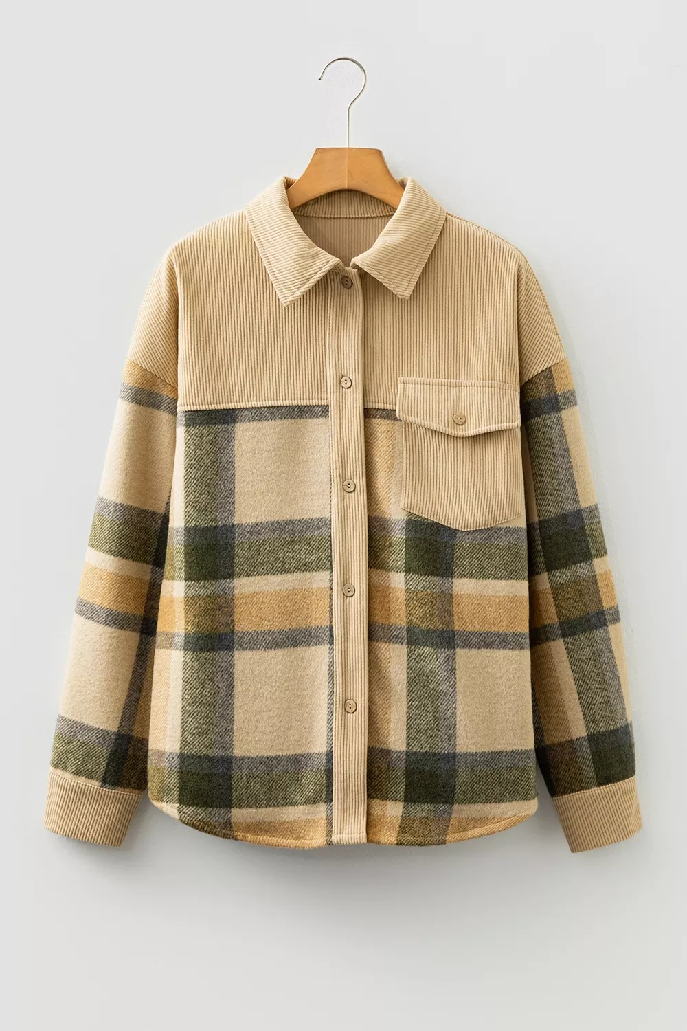 Retro Plaid Corduroy Patchwork Shacket, image 3